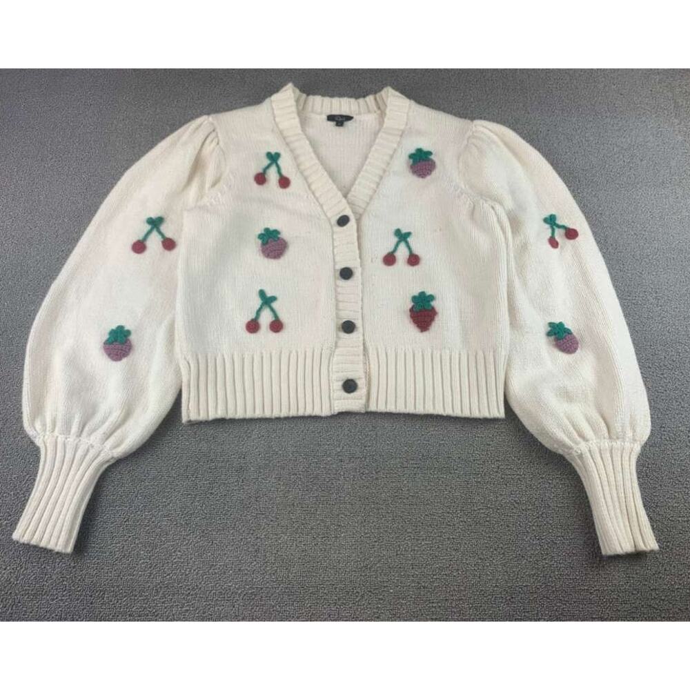 Rails Cardigan Women‎ M Cream Button Front Cherry Strawberry Knit Puff Sleeve